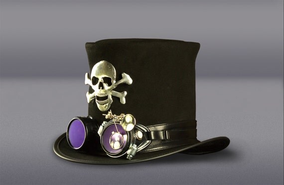 Black Suede Leather Gothic / Steampunk Top Hat / Stovepipe Hat with XL Skull Badge & Aviator Goggles by Cobbcoleather steampunk buy now online Black Suede Leather Gothic / Steampunk Top Hat / Stovepipe Hat with XL Skull Badge & Aviator Goggles by Cobbcoleather steampunk buy now online