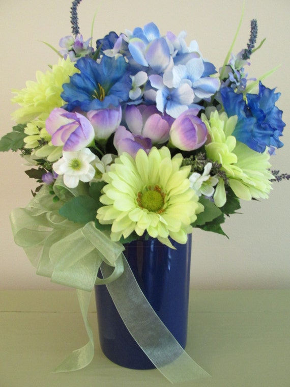 Summer Flower Arrangement Blue Container Silk Flower
