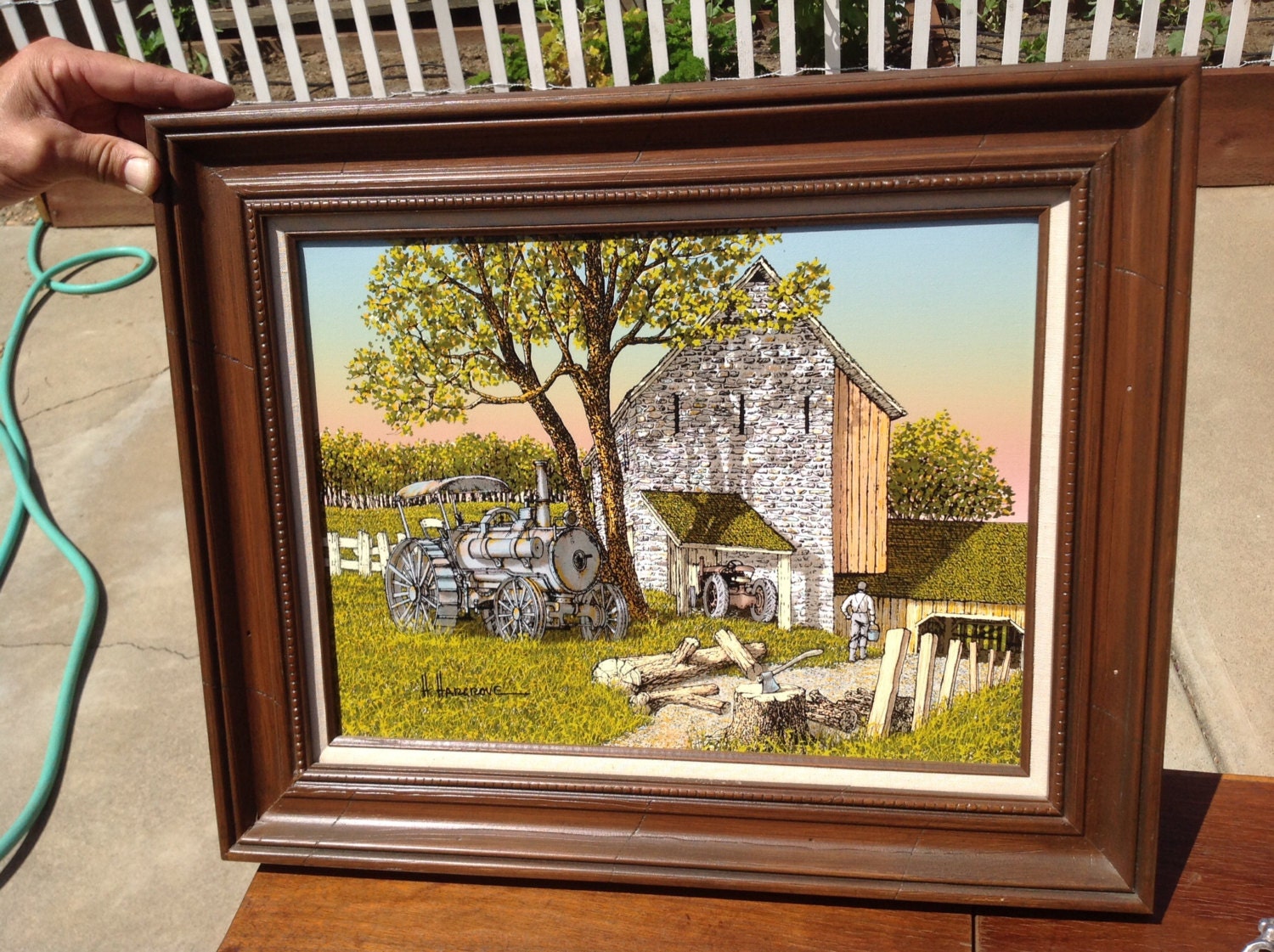 H Hargrove Oil Painting Serigraph Barn Farmer Tractors Rural