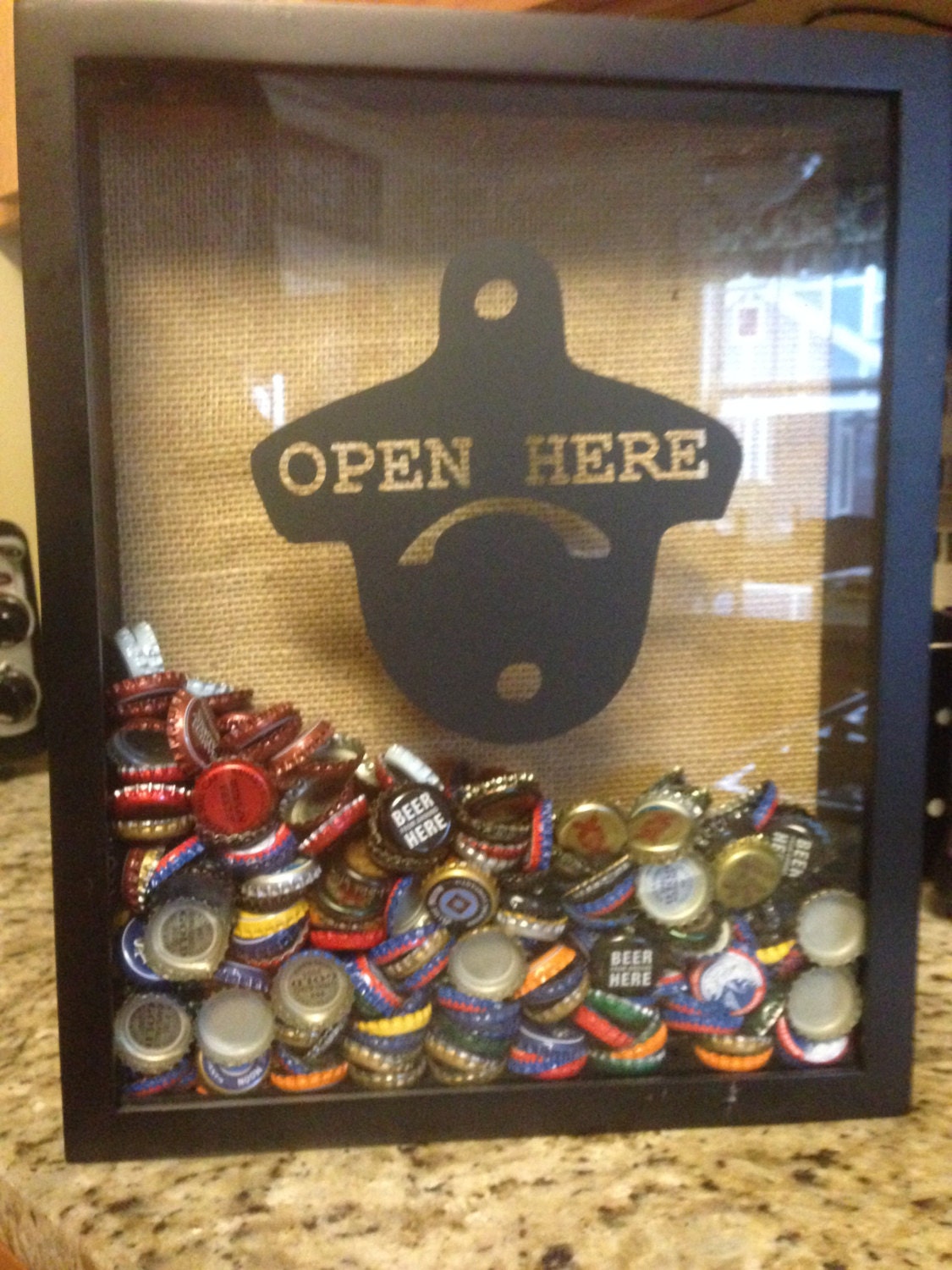 BEER CAP Shadow Box 11x14 or 12x12Opening at the TOP of the