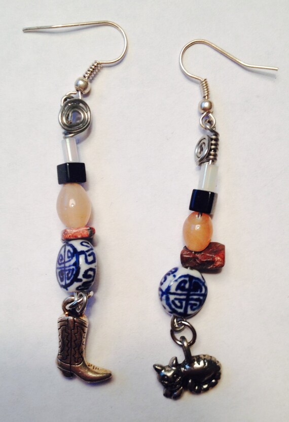 Puss and Boots dangle earrings with assorted beads by RiVibrant