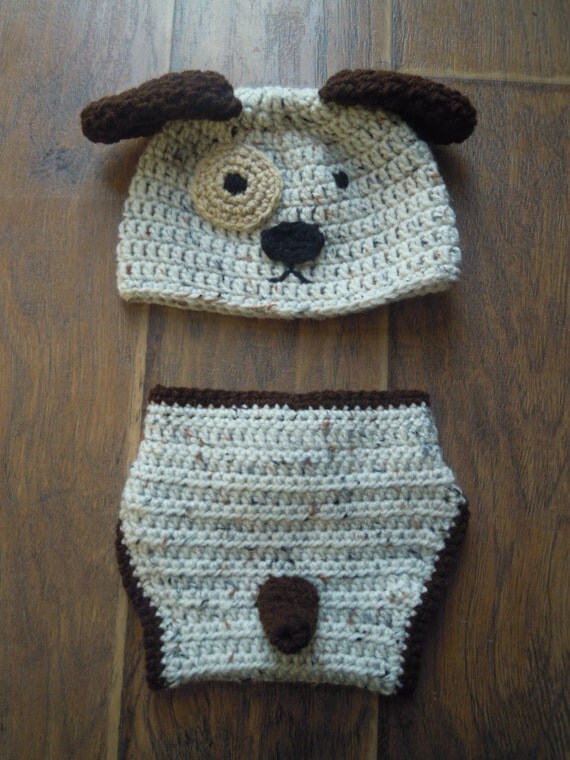 Crocheted Puppy Dog Hat Diaper Cover Wrap Set Multiple Sizes