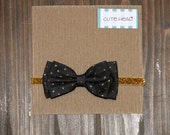 Baby/Girls Handmade Bow Headband Black with Gold Glitter Polka Dots Gold Band Christmas