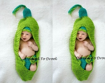 Crochet Pea Pod Cocoon Hat Diaper Cover Set. Baby Girl Boy Photography Photo Props