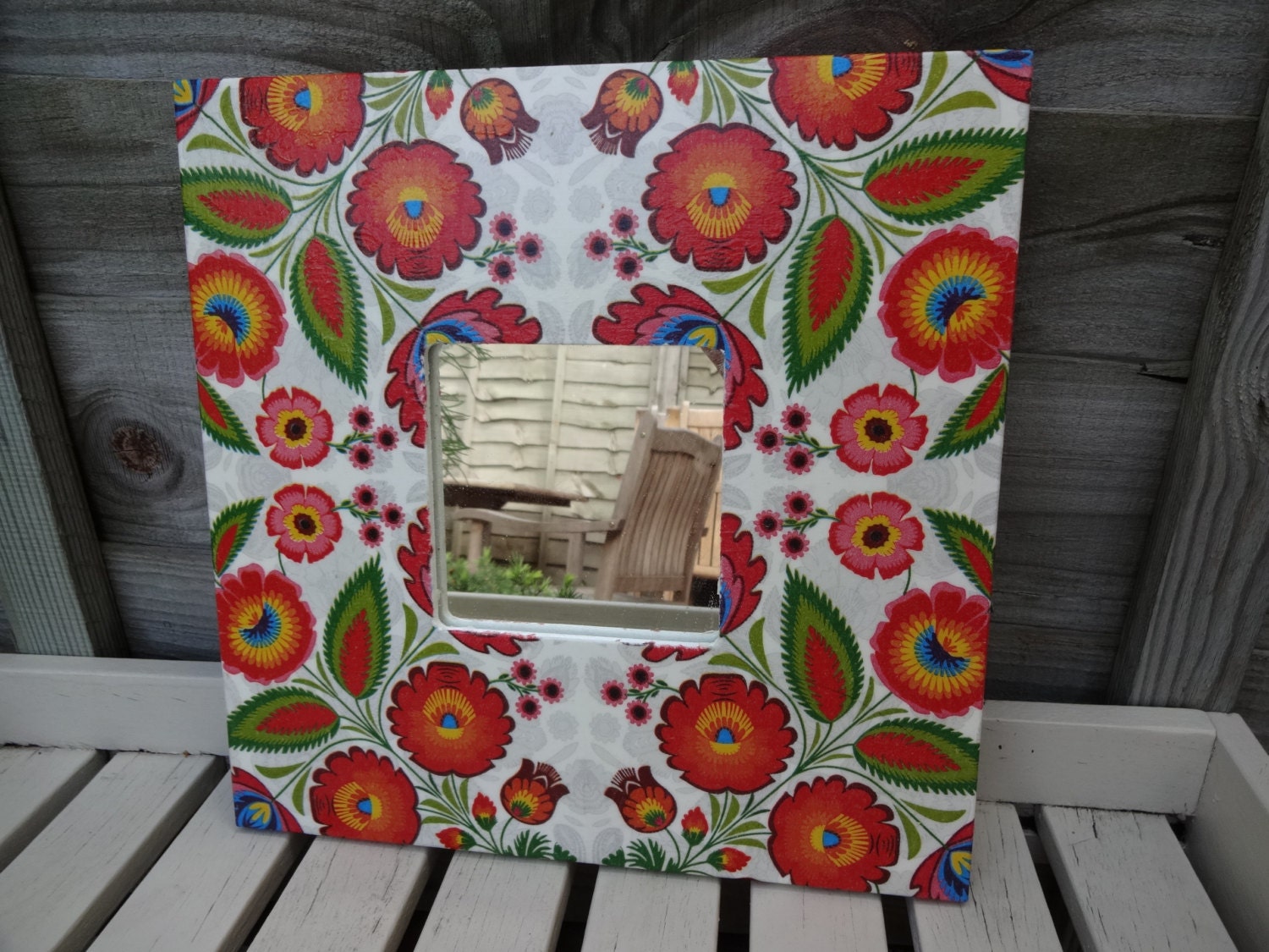 decoupage mirror/ folk style mirror/ square by GracesLaces