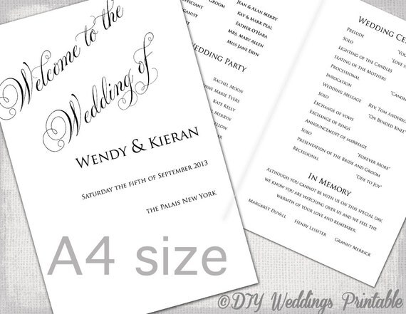 A4 Wedding order of service template black &amp; white DIY