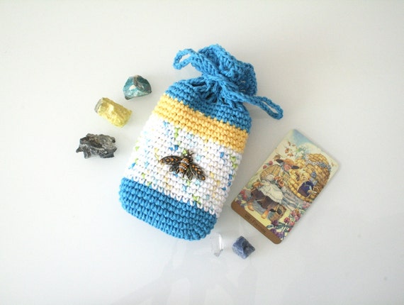 Honey Bee Pouch Handmade Crochet Tarot Bag Cotton white yellow