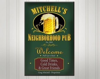 Personalized Neighborhood Bar Sign, Burgundy or Green Man Cave Pub Sign, Custom Beer Sign, Man Cave Bar Decor