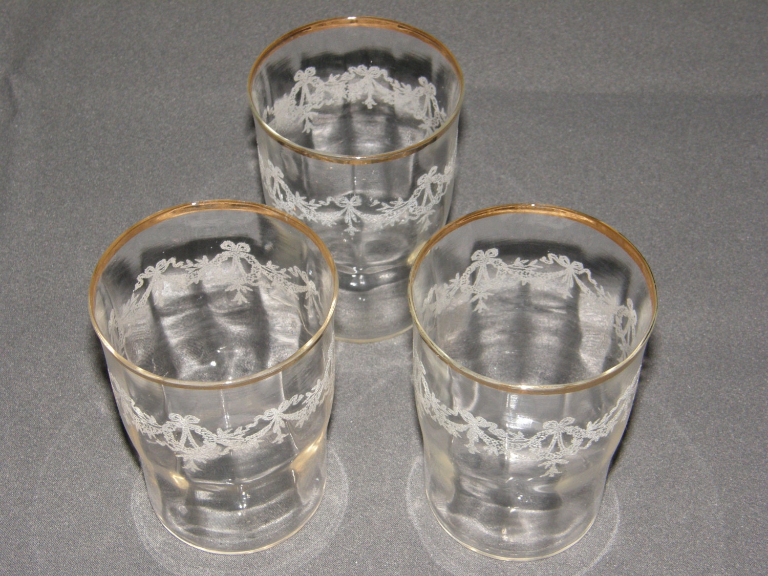 3 Antique Hand Etched Gold Rim Cocktail Optical Glasses Tumblers EAPG