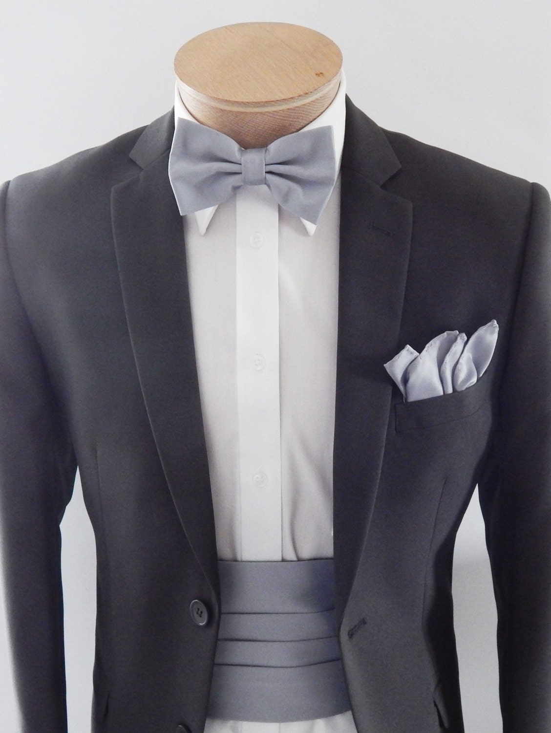 Mens Cummerbund Silver Gray Satin Cummerbund Set Adjustable