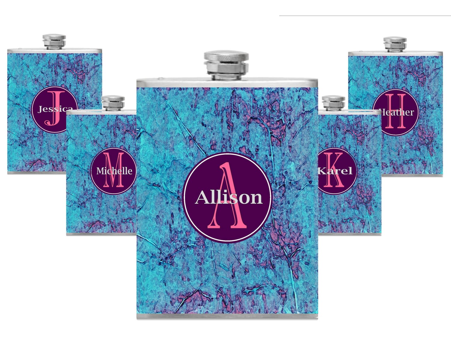 5 Pack Personalized Flask Name Monogram Teal by BottomsUpFlasks