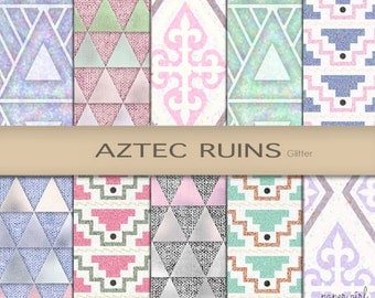 Aztec Glitter Tribal Digital Paper Pink Mint Green Pastel Pyramid Invitation Arts Craft Supply Printing Design Blog "Aztec Ruins"