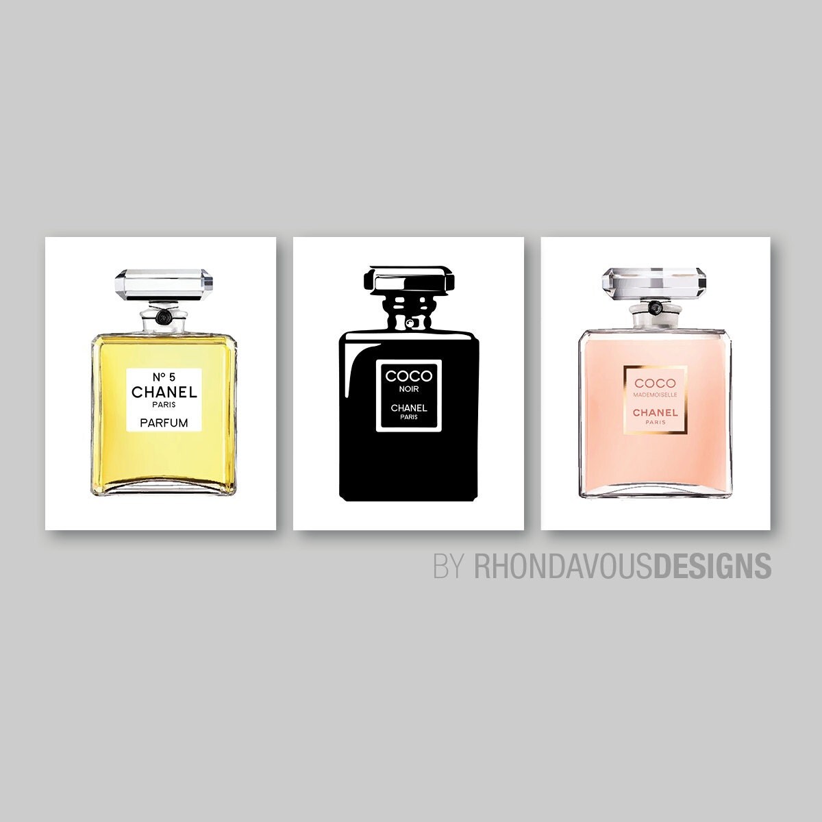 Chanel Perfume Bottle Print Trio Home Decor by RhondavousDesigns2