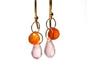 Waterfall Earrings -  Gold Dangles Fanta Carnelian and Pink Quartz Drop - 18k Gold Filled - Drop Earrings