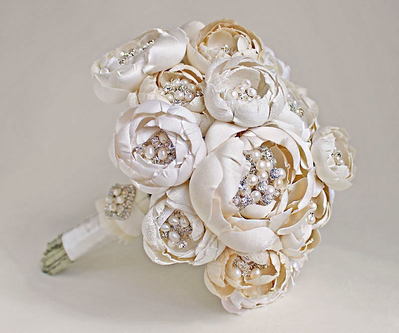 Couture Silk Fabric Flower Crystal and Pearl Bouquet