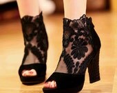 Black Lace Boots, Embroidered Lace Shoes,Peeptoes Wedding Shoes, Lace Boots for Wedding, Party Shoes, Prom Shoes