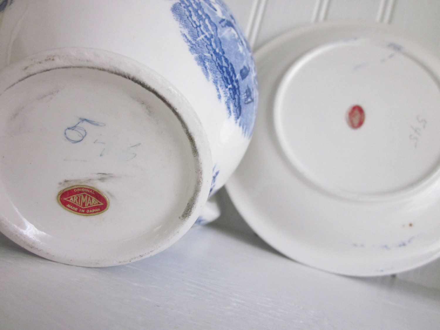 Vintage Blue and White Pitcher and Bowl Set Transferware