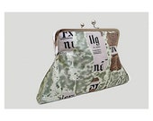 Fabric Clutch Bag Green Newspaper Print Purse Kiss lock Statement Bag ...