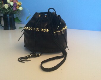 Bucket Bag, Hand Made Cowhide Purse with Gold Studs, Black Leather Bucket Bag, Drawstring Leather Purse, Made in Canada