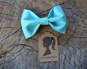 Hair bow on  metal clip for children / teenager / adult  cream turquoise aqua cotton / bowtie