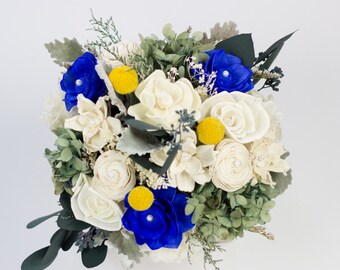 Birch, Yellow, Cobalt Blue, Yellow Billy Balls Sola Flower, Preserved Hydrangeas Centerpiece, Wedding Centerpiece