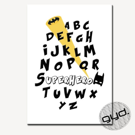 Alphabet print - Superhero (this monochrome superhero print with touch of yellow is great for boy's room)