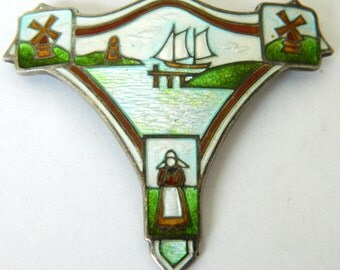 Vintage Sterling Silver Enamel Dutch Themed Brooch