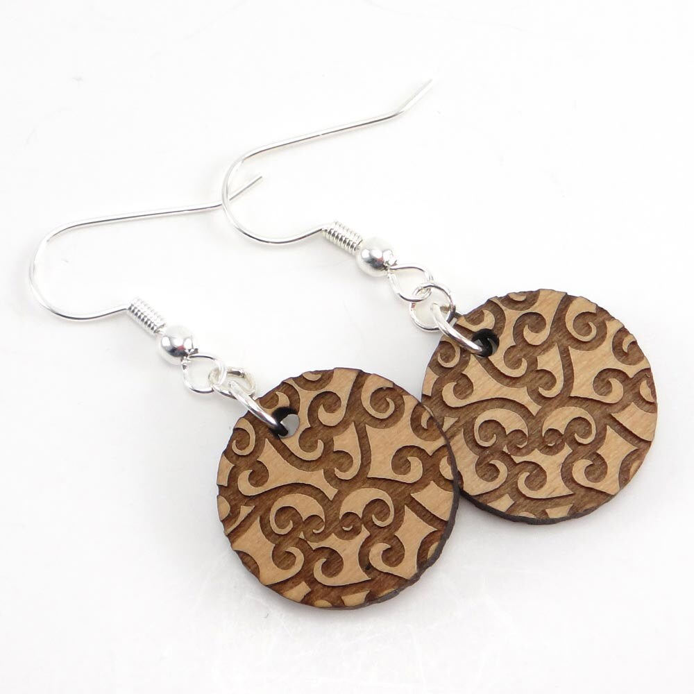 Swirl Wood Disc Earring, Scroll Engraved Round Earring