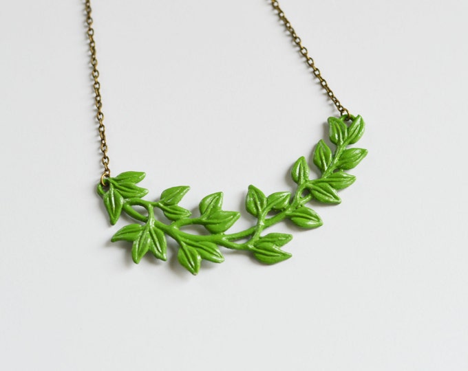 SALE! Necklace made of metal brass covered ECO paint, Branch, Leaves, Green