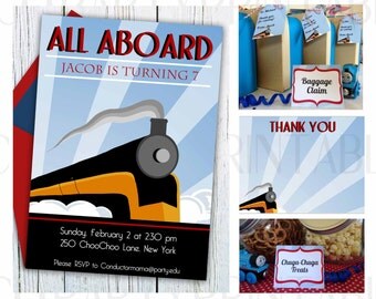 Printable Train Party Kit MINI SET, INSTANT download Editable invitation, steam train invitation, Boy Birthday, Train birthday party package