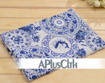Chinese fabric,china vintage fabric,floral linen fabric,fish print fabric,blue flower print white fabric,curtain fabric,tablecloth fabric