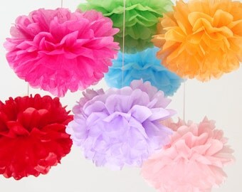 Rainbow Party! - Tissue Flowers set of 10 (6L/4M) - Hanging Flowers - Paper Pom Poms - Paper Balls - Wedding set - Birthday decorations