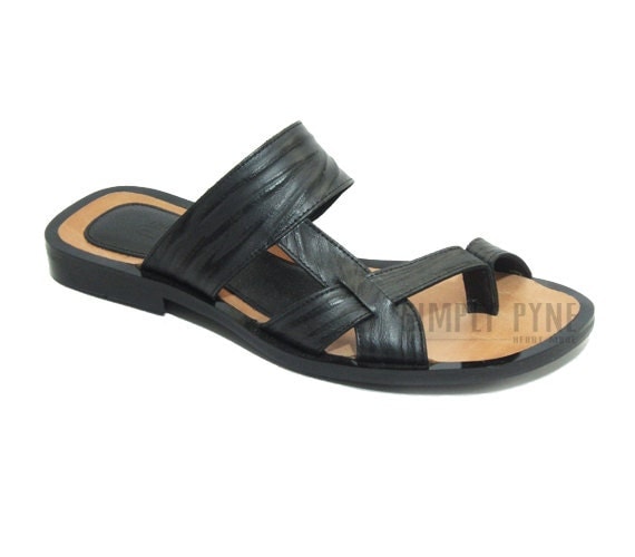 Mens leather sandals handmade black slides sandals with