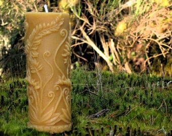 Pure Beeswax Candle. Rustic Fern Pillar Shape. 2.5x5.3 inches. Pure Unbleached Cotton Wicking. Hand Poured. 100% pure beeswax. Unscented.