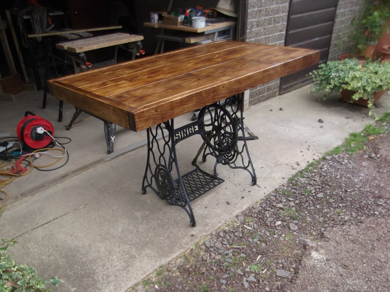 RUSTIC DINING TABLE with vintage singer sewing by RUSTICCREATI