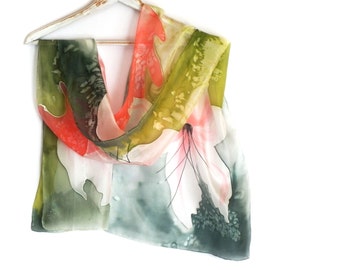 Hand Painted Green Orange Silk Scarf with Large White Flowers, Long Luxury Silk Scarf, Women Silk Accessory, Wrapped Autumn Silk Scarf