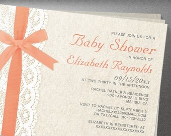 coral bow & lace baby shower invites