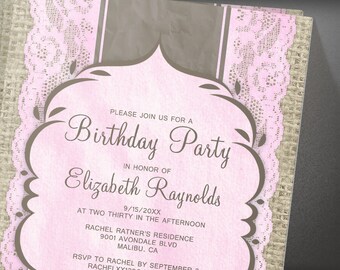 Brown Vintage Lace Birthday Party invites