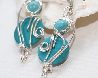 Turquoise Earrings, Aqua Earrings, Casual Jewelry, Wirework Jewelry, Turquoise Beads, Colorful Earrings, Funky Earrings