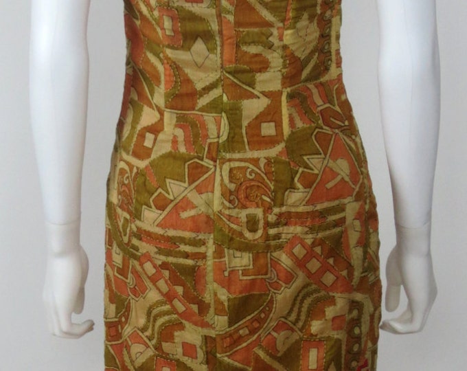 90s African printed hand embroidered Tribal print silk strapless cocktail dress