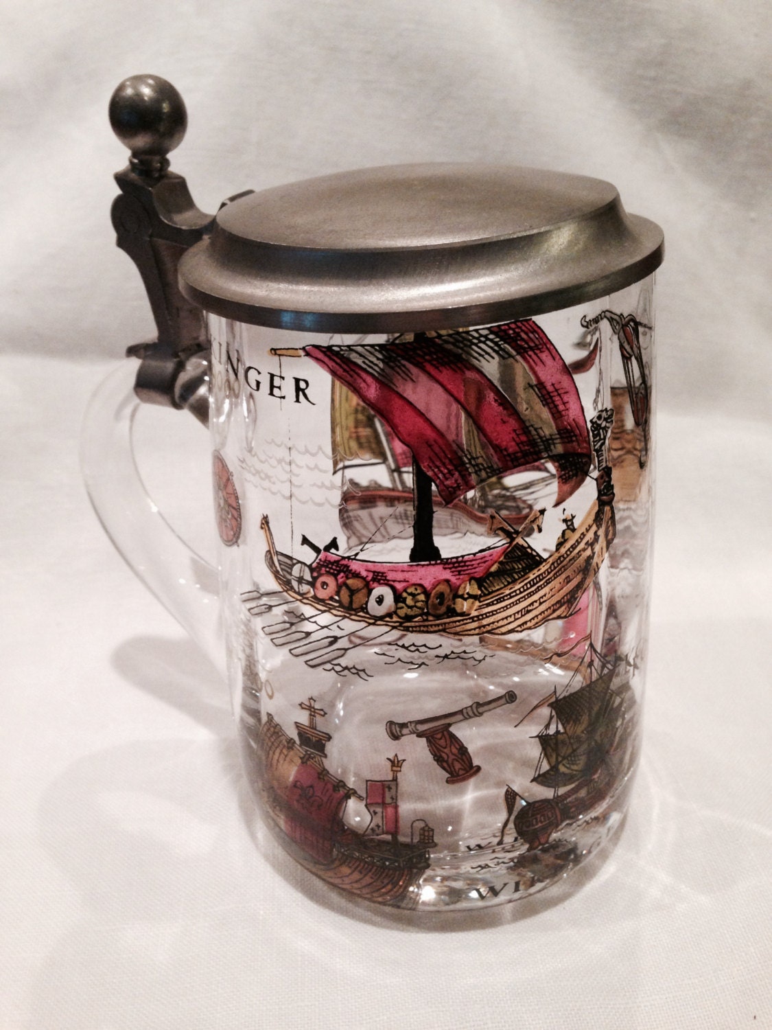 Vintage German Glass Beer Stein The Great Ships if