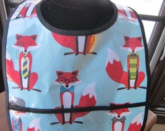 WATERPROOF WIPEABLE Baby to Toddler Plastic Coated Bib Fox and the Houndstooth