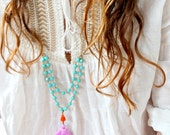 Aqua Bead Strand and Tassel Necklace, Lilac Tassel Necklace, Boho Long Necklace