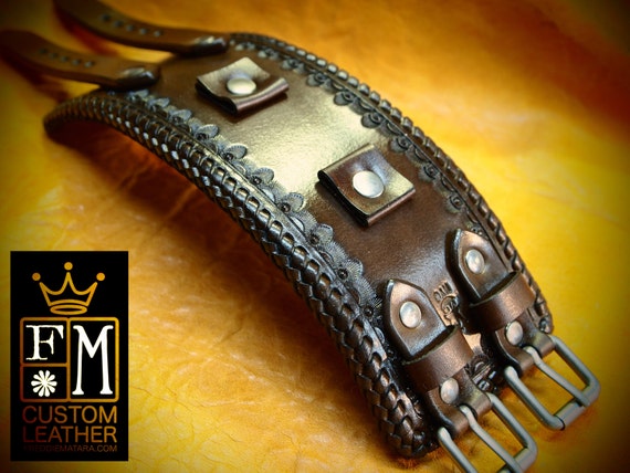 Leather cuff watch band - Vintage style, western stamped Rich Brown watchband - Best quality Made for YOU in NYC by Freddie Matara