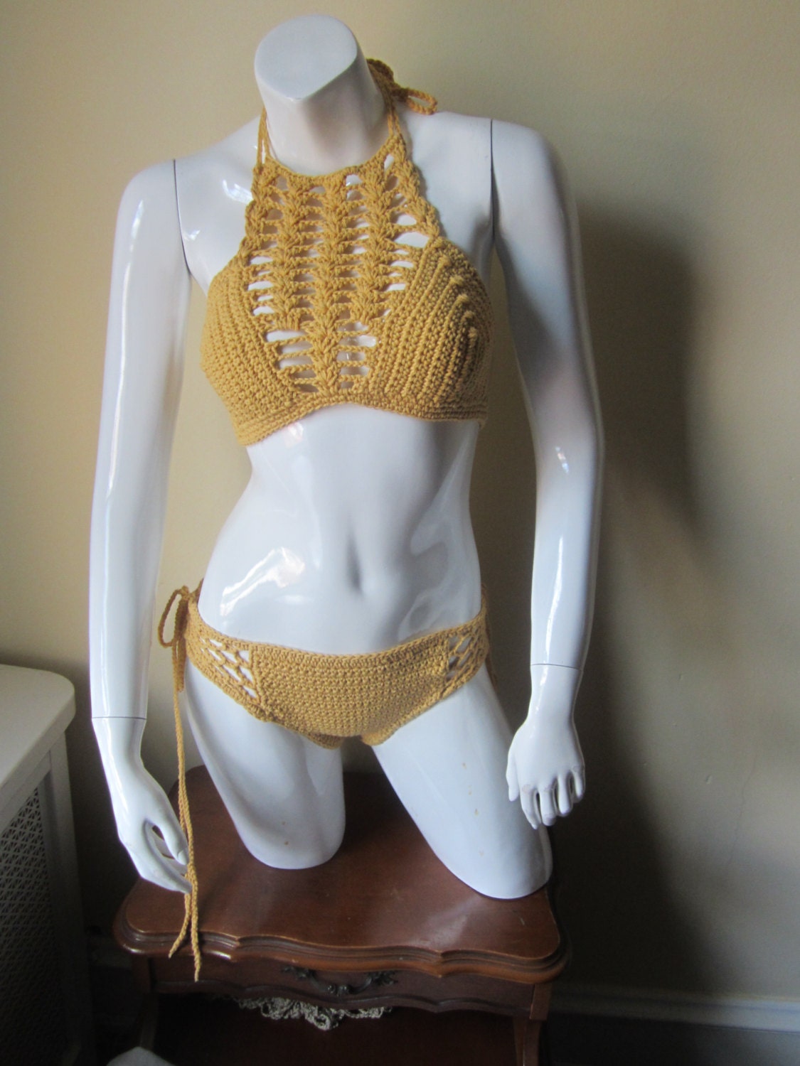 Crochet Bikini Set Mesh Lace Up Bikini Set Crochet Swimwear