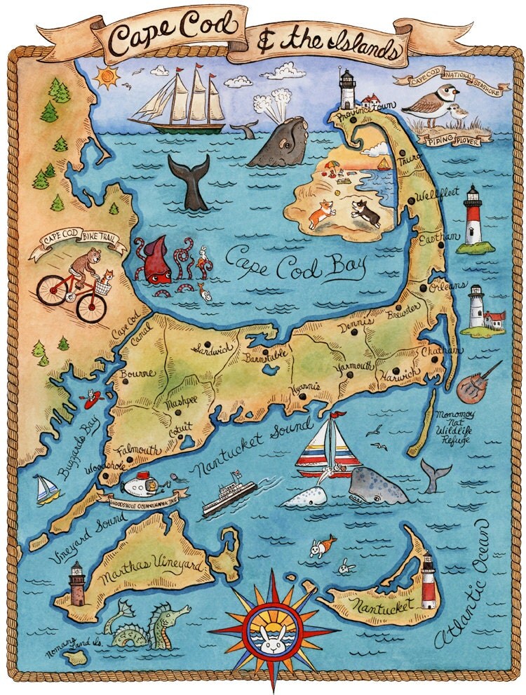 Map of Cape Cod Art Print 8 x10