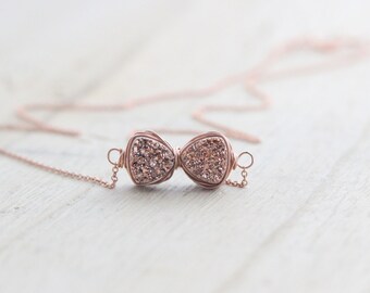 Druzy Gold Necklace , Dainty Bow Tie Wrapped Pendant in Rose Gold , Druzy Bowtie , Boho Layering Necklace - Tuxedo