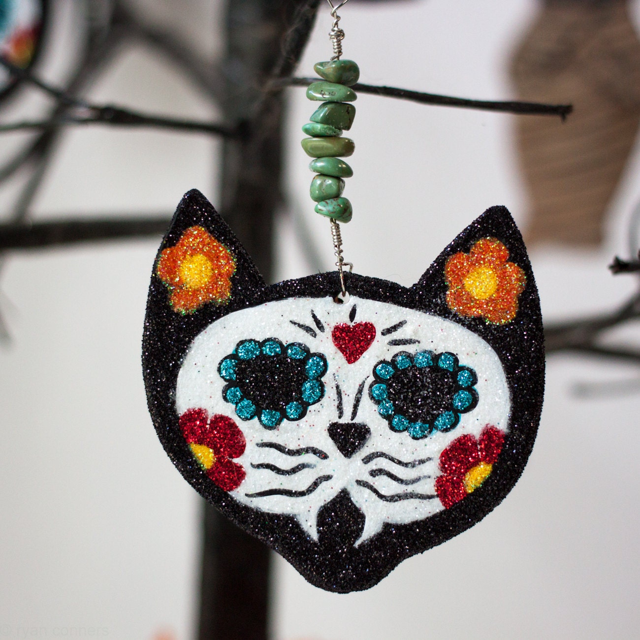 Day of the Dead Cat Original Clay Halloween Folk Art Ornament