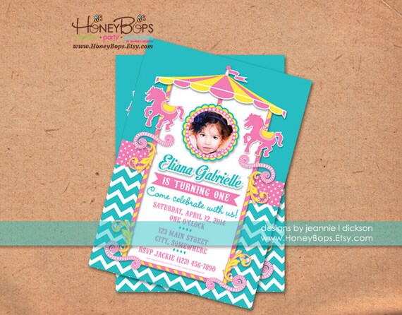 Carousel Personalized Invite for Birthday or Baby Shower or Baby Sprinkle - DIY Printable Digital File Il_570xn