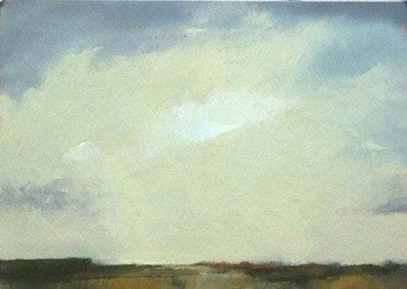 ABOVE IT ALL, oil painting original landscape 100% charity donation, 5x7 oil painting on paper, clouds, cream, field